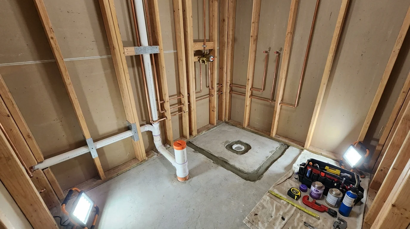 Bathroom rough-in plumbing during remodel by Johns Plumbing LLC in Bettendorf