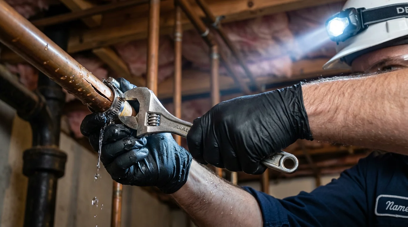 Emergency pipe clamp repair being performed by a Johns Plumbing LLC plumber in Bettendorf