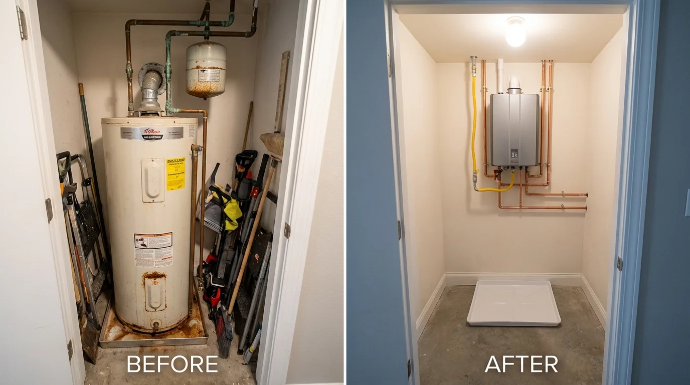 Tank water heater versus wall-mounted tankless unit comparison for Bettendorf, IA homeowners