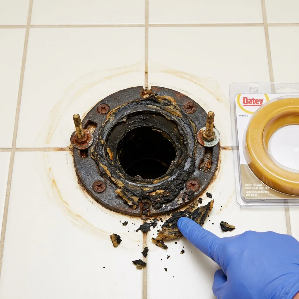 Failed wax ring showing water seepage at the base of a toilet in a Bettendorf, IA home
