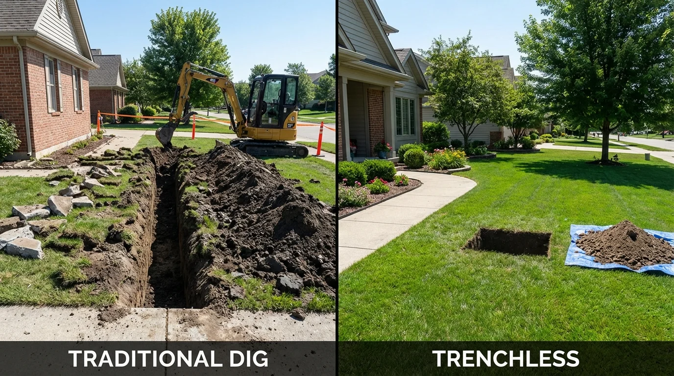 Trenchless sewer repair with minimal yard damage versus traditional excavation in Bettendorf, IA