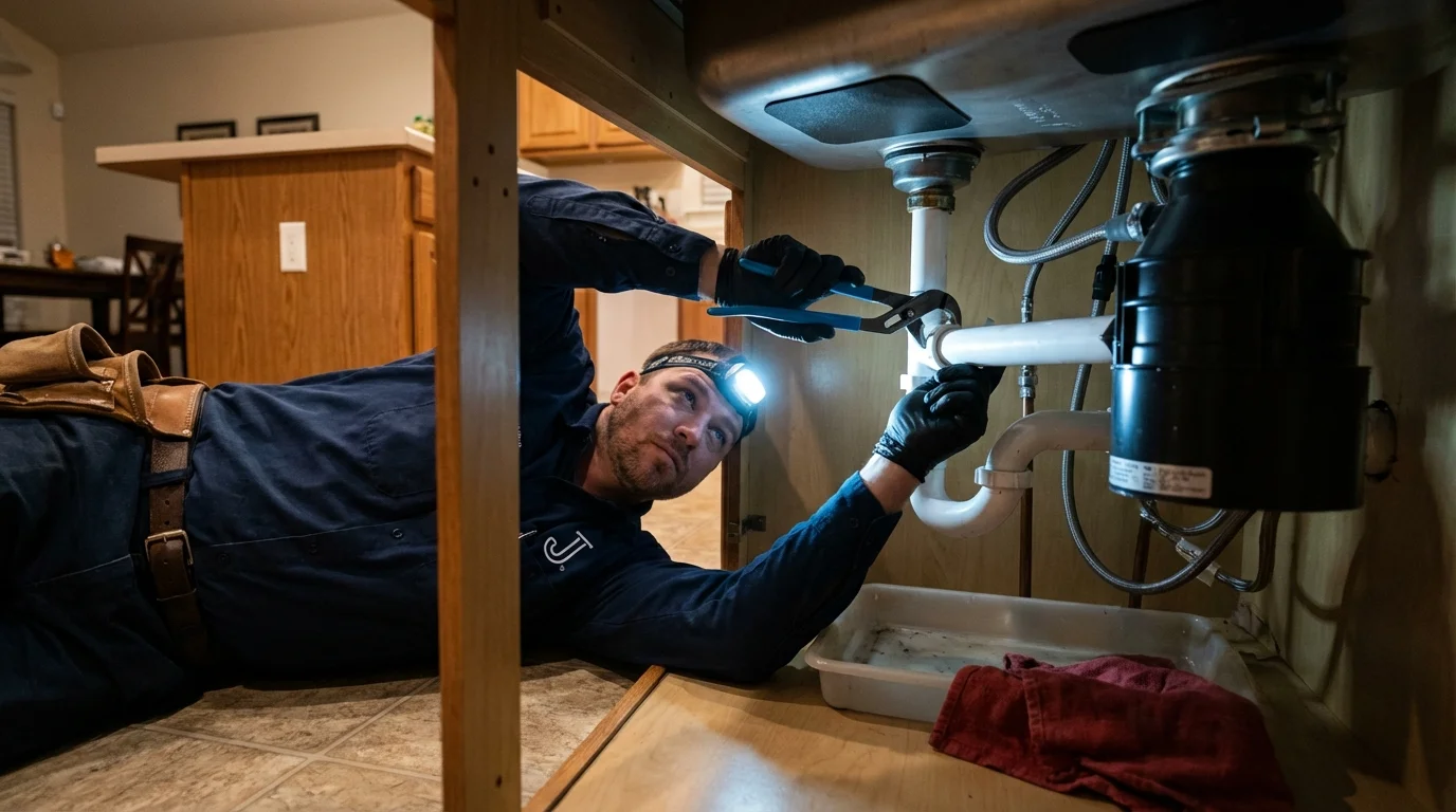 P-trap and supply line connections under a kitchen sink showing a common leak point in Bettendorf, IA